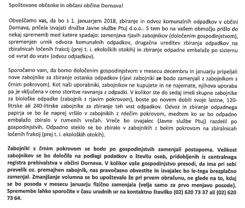 Obvestilo o odvozu komunalnih odpadkov
